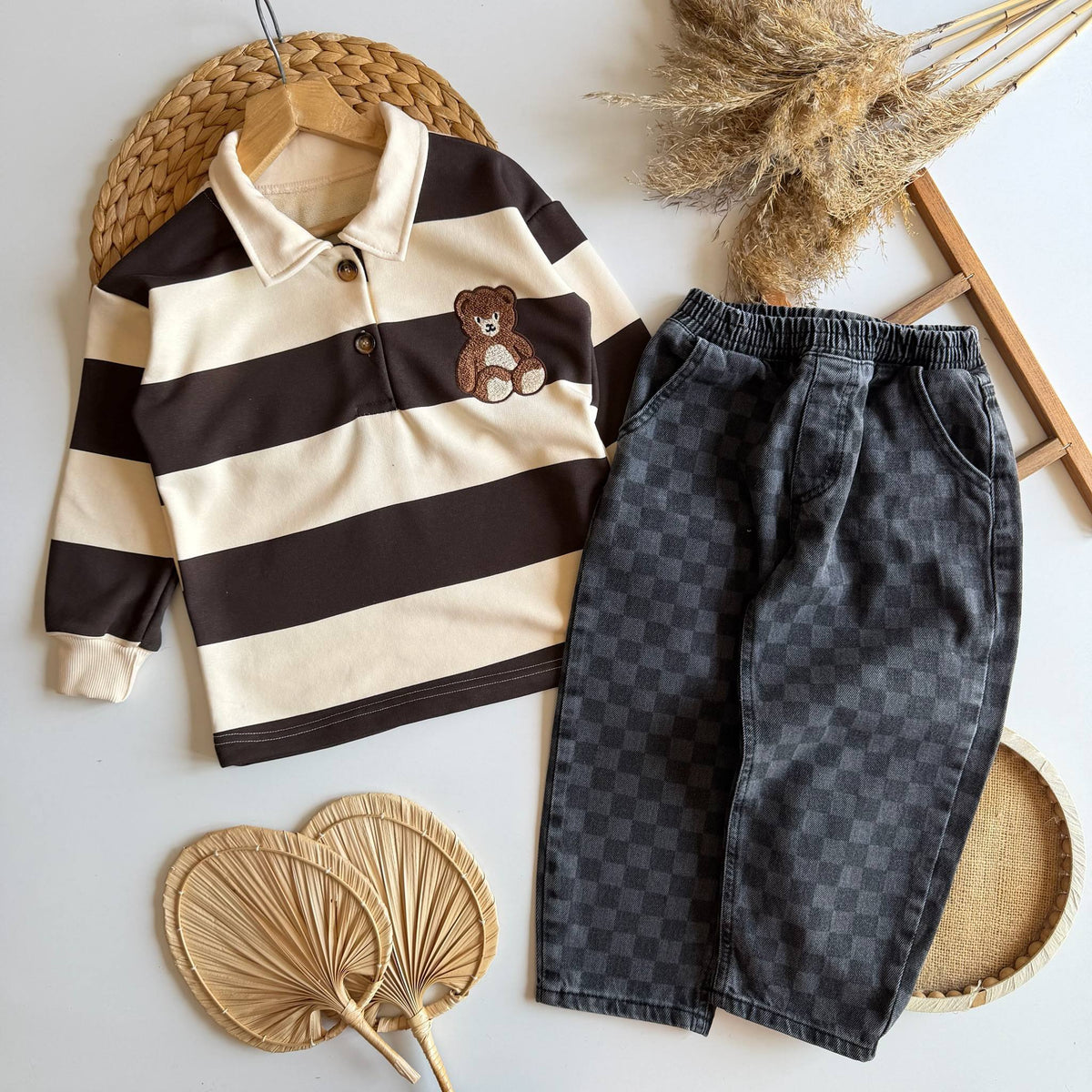 Teddy Rugby Polo & Checkered Denim Set