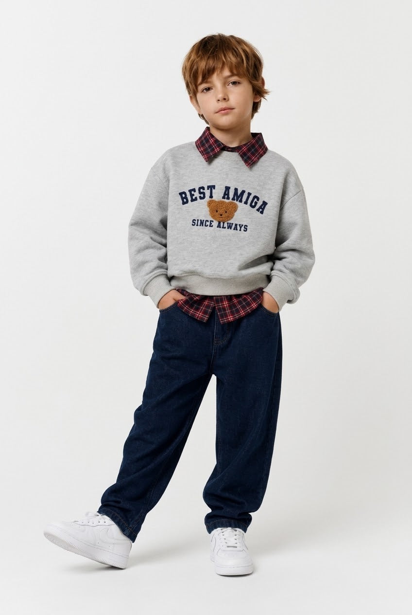 Sweatshirt, Plaid Shirt & Jeans 3-Piece Set