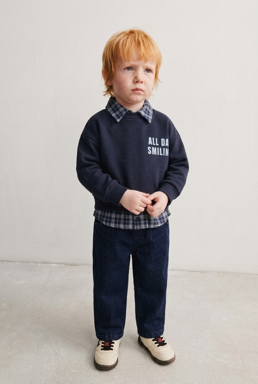 Navy Sweatshirt, Check Shirt & Jeans 3-Piece Set